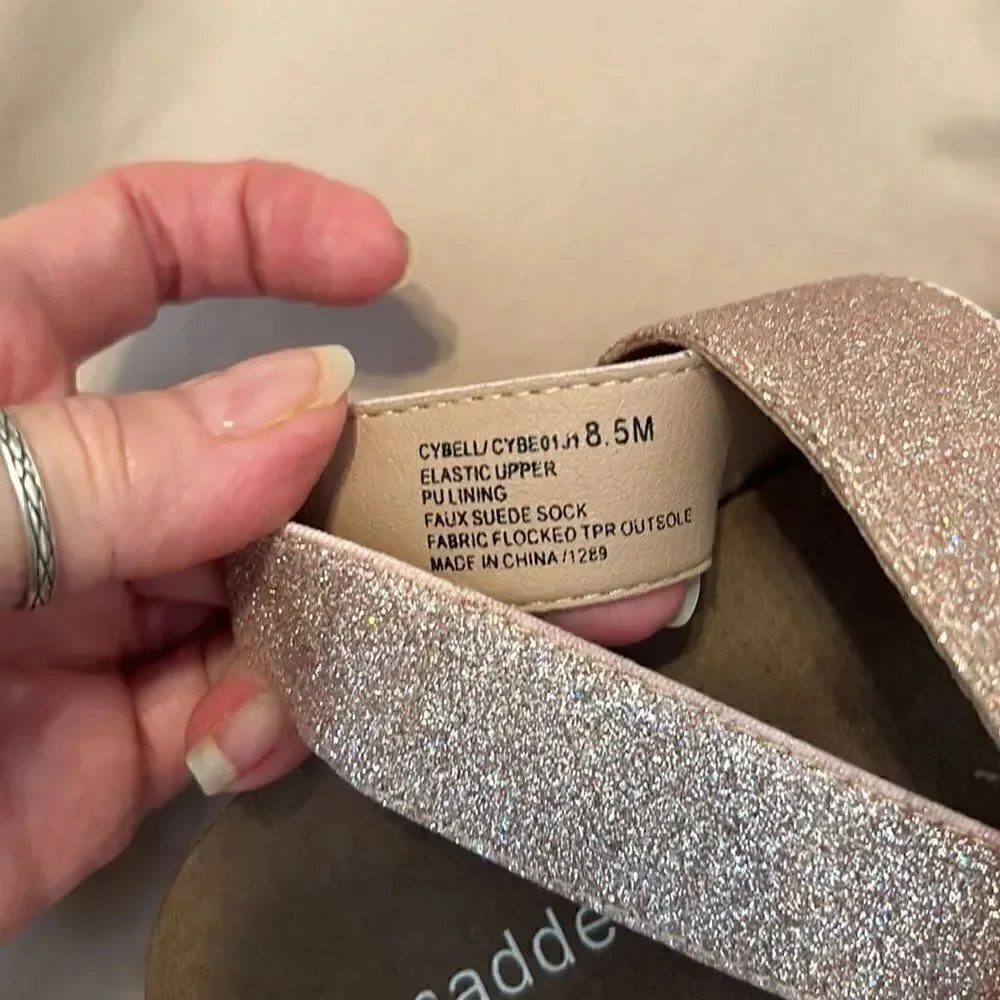 Madden girl size 8.5 pink & gold sparkly jute wedge comfy stylish sandals GUC